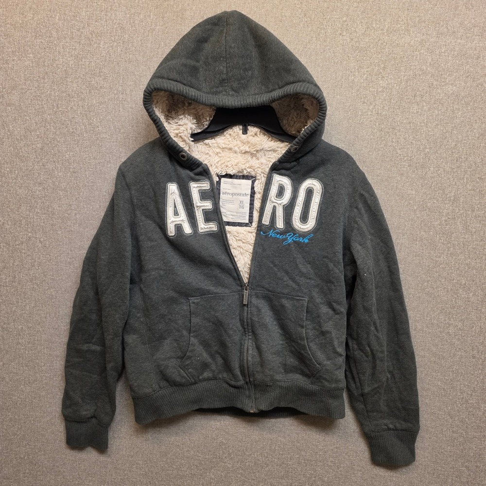 Aeropostale Sherpa Lined Full Zip Hoodie Gray Aero Logo XL